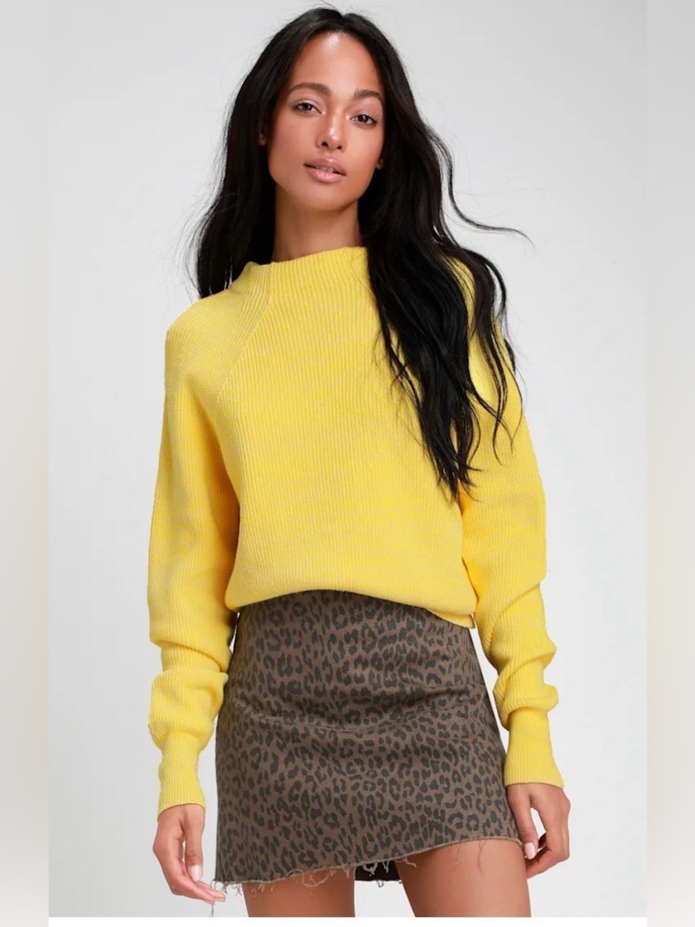 Free People "Too Good" Yellow Ribbed Mock Neck Sweater Knit Cotton Blend